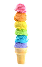 Six Large Scoops Of Rainbow Ice Cream Cone On A White Background
