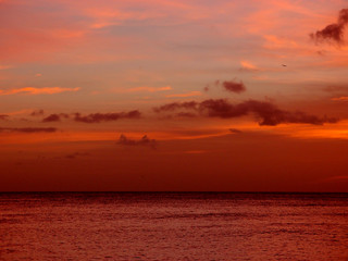 Red light of dusk over the ocean and sky as plane flies in the air