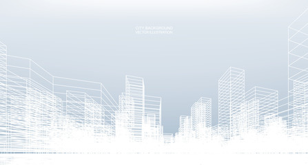 Abstract wireframe city background. Perspective 3D render of building wireframe. Vector.