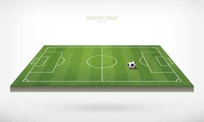 Soccer football ball in soccer field area and white background. Green grass of soccer field with pattern and texture in perspective views. Vector.