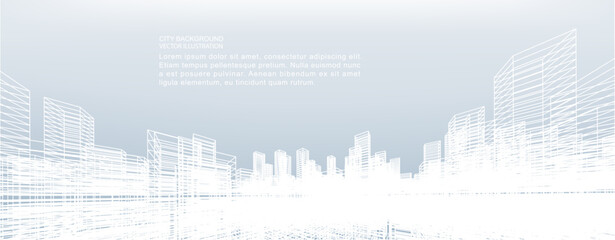 Wall Mural - Abstract wireframe city background. Perspective 3D render of building wireframe. Vector.