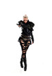 © faestock - full length portrait of blonde girl wearing black gothic outfit, holding a staff. standing pose, isolated on white studio background.