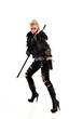 © faestock - full length portrait of blonde girl wearing black gothic outfit, holding a staff. standing pose, isolated on white studio background.