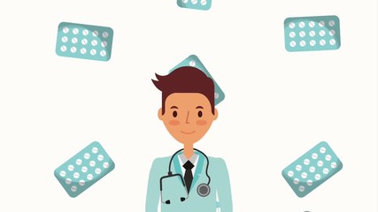 Sticker - portrait doctor with stethoscope and medicine package animation