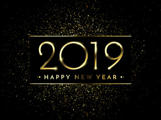 Happy New Year of glitter gold fireworks. Vector golden glittering text and 2019 numbers with sparkle shine for holiday greeting card