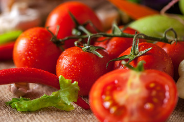 Sticker - drops of water on red tomatoes beautiful photo