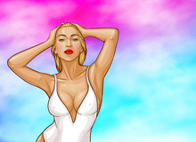 Vector Pop Art Blonde Woman With Wet Hair, Blue Eyes In White One-piece Swimming Suit Isolated On Abstract Background. Sexy Character In Underwear For Ad Poster, Promo Banner, Design Illustration.