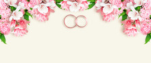 Magnolia  With Hydrangea Flowers And Bridal Rings For Wedding With Place For Your Text