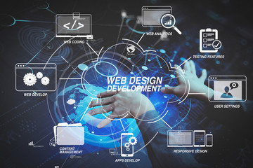 businessman hand working with modern computer in modern office with virtual icon diagram
