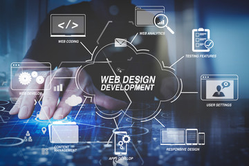 Fototapete - businessman hand working with modern computer in modern office with virtual icon diagram