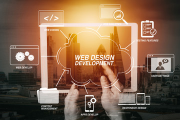 cyber security internet and networking concept.Businessman hand working on mobile phone and digital tablet computer with building exposure