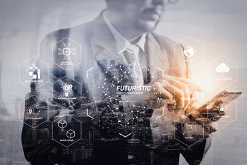 Leinwandbilder - Double exposure of success businessman using smart phone with London building,city,front view,filter effect