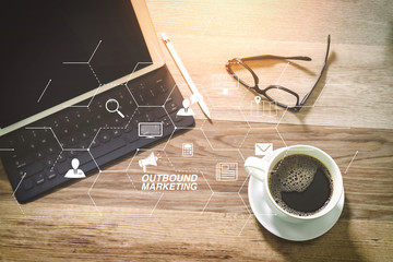 Poster - Coffee cup and Digital table dock smart keyboard,eyeglasses,stylus pen on wooden table,filter effect