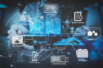 Poster - businessman hand working with modern computer in modern office with virtual icon diagram