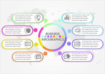 Wall Mural - business infographics design concept template with icons and 8 options or steps minimal style colorf