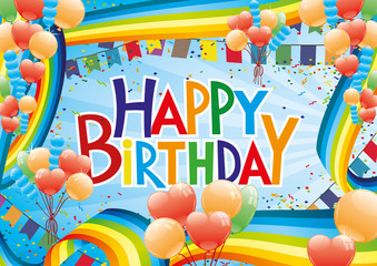 Sticker - Birthday congratulation with rainbows and balloons on a blue background.