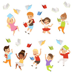 Poster - Flat vector set of cartoon children characters jumping and throwing books up in the air. Happy pupils of elementary school