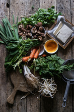 Overhead View Of Vegetables On Wooden Table