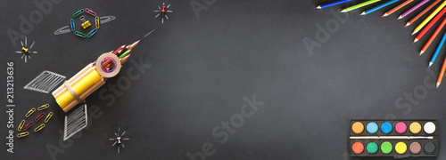 Fotografía Back to School Concept with Stationery Supplies and Blackboard