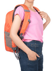 woman wearing blank pink t-shirt, jeans and backpack isolated from white background.