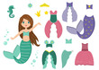 Dress up game for kids. Mermaid paper doll with clothes and seahorse pet. Vector illustration