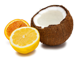 Halved orange, coconut and lemon isolated on white