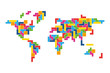 © pyty - World map mosaic of colorful tetris blocks. Flat vector illustration.