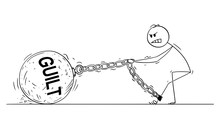 Cartoon Stick Drawing Conceptual Illustration Of Man Or Businessman Pulling Hard Big Iron Ball Chained To His Leg. Business Concept Of Guilt That Lie Heavy On Guilty Person .