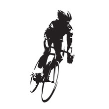 Cycling, Road Cyclist On His Bike, Isolated Vector Silhouette. Ink Drawing, Front View