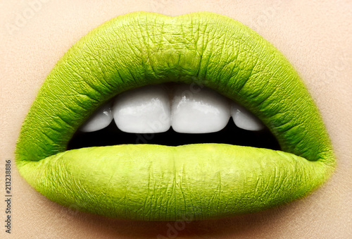 Macro and close-up creative make-up theme: beautiful female lips with a matte gr Lerretsbilde