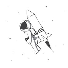 Astronaut Flying To Space With Rocket Tied For Him.Cosmic Character.Black And White Vector Illustration