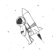 Wall Mural - astronaut flying to space with rocket tied for him.cosmic character.black and white vector illustrat