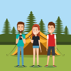 Poster - friends with smartphones in the camping zone