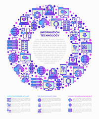Wall Mural - information technology in circle thin line icons: social network, system backup, search, lan network