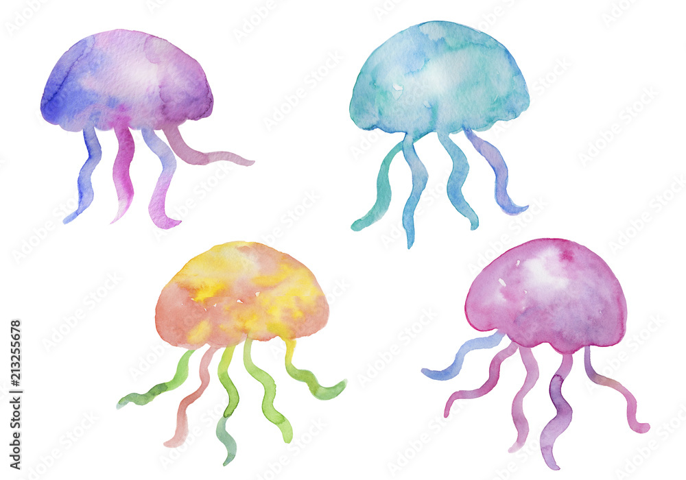 カラフルなクラゲ 水彩イラスト Stock Illustration | Adobe Stock