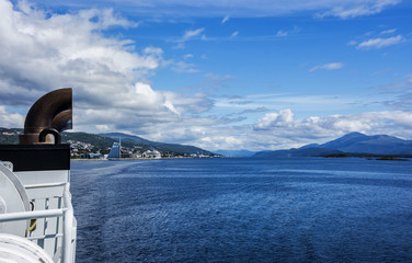 Poster - Molde  town at the horison, More og Romsdal county, Norway. View from the ferry 