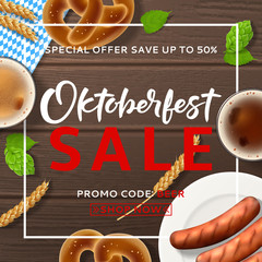 Wall Mural - Promo background for Oktoberfest sale. Vector illustration with beer, sausages and traditional textile on wooden texture. Seasonal offer with discount.