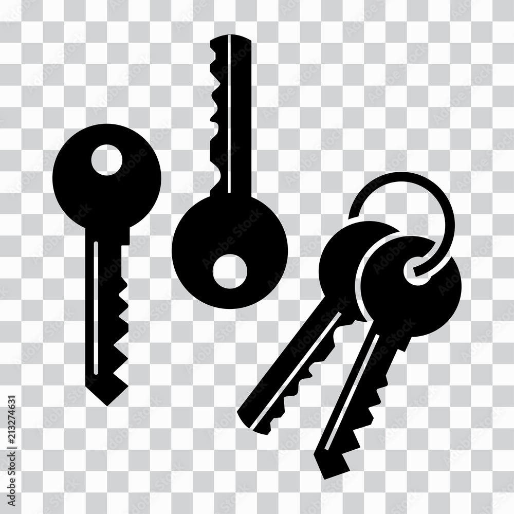 Set of keys, black silhouettes on transparent background. Vector ...