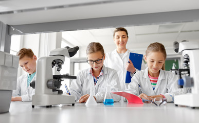 Wall Mural - education, science and children concept - teacher and students studying chemistry at school laboratory and writing to workbooks