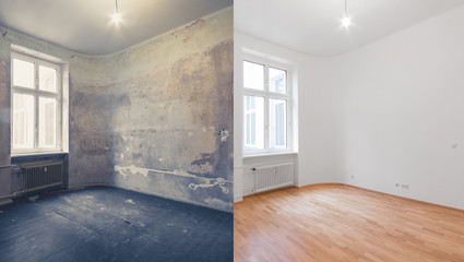 renovation before and after  - empty apartment room 