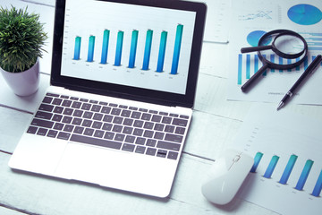 Graphs and charts elements on laptop computer screen  and statistical performance of the company in the past year.