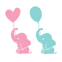 Cute Baby Elephants Holding Heart Shape And Oval Balloons Silhouette Vector Illustration.