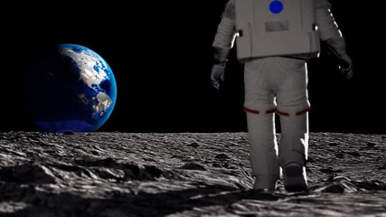 Wall Mural - astronaut walking on the moon and admiring the beautiful earth. cg animation. elements of this video