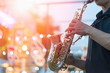 canvas print picture - International jazz day and World Jazz festival. Saxophone, music instrument played by saxophonist player musician in fest.
