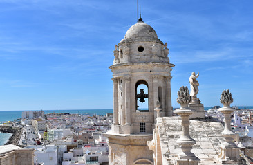 Eastern bell tower and rooftop statues on the Cathedral, Cadiz, Cadiz Province, Andalusia