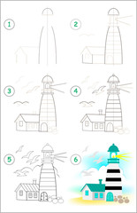 Wall Mural - page shows how to learn step by step to draw a lighthouse. developing children skills for drawing an