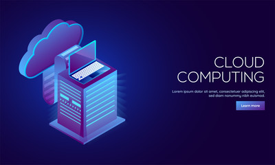 Wall Mural - cloud computing responsive landing page design with isometric illustration of local and cloud server