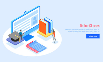 Canvas Print - Online Classes or E-Learning concept responsive landing page or hero banner design with isometric view of computer, books and people characters.