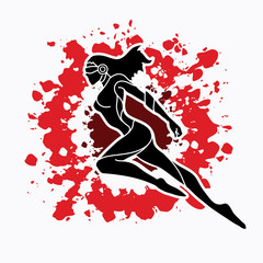 Wall Mural - Superhero flying action, Cartoon superhero woman jumping graphic vector.