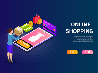 Wall Mural - Online shopping, isometric concept, mobile app or landing page design with money, payment card, delivery box, shopping bag and buy now button. 